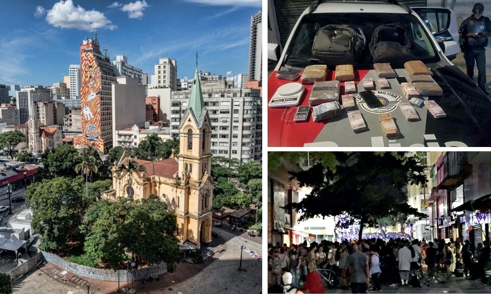 Centro degradado tapumes Montagem com a Praça da República, ao lado superior direito, um carro da polícia com drogas no capo e, em baixo, aglomeração de pessoas no Centro