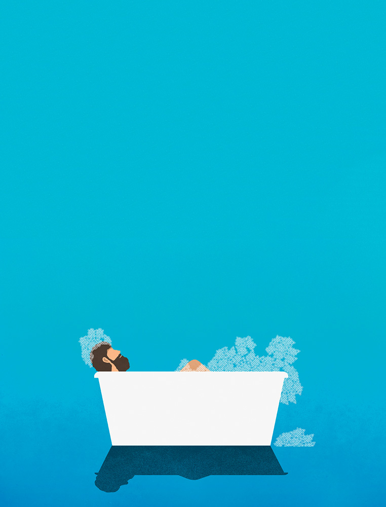 Man enjoying bubble bath Qualquer momento do dia pode ser apropriado para alguns minutos de meditação.