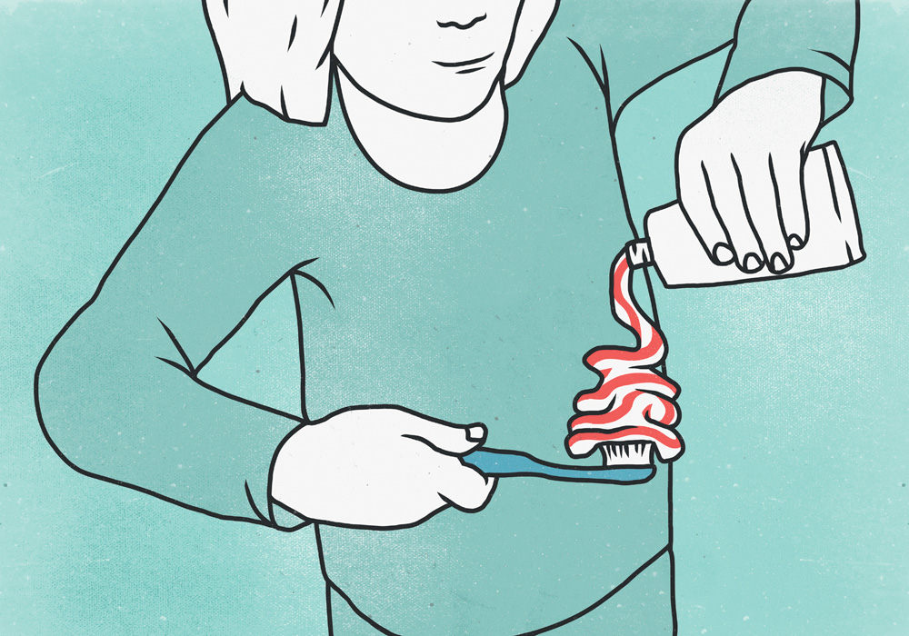 Illustration of woman putting toothpaste on toothbrush Para novos hábitos diários, também é possível relacionar um costume antigo a práticas novas.