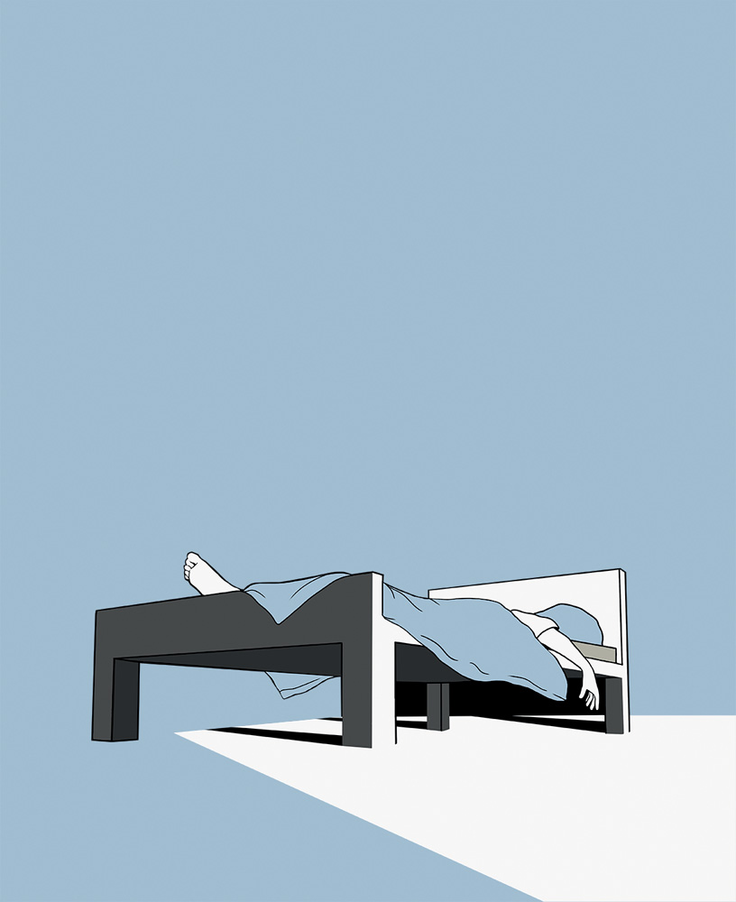 Illustrative image of tired man sleeping on bed in darkroom Hábitos saudáveis: como driblar a preguiça de manhã.