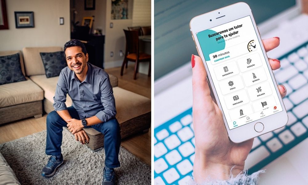 À esquerda, Raphael Coelho, e à direita, interface do aplicativo TutorMundi