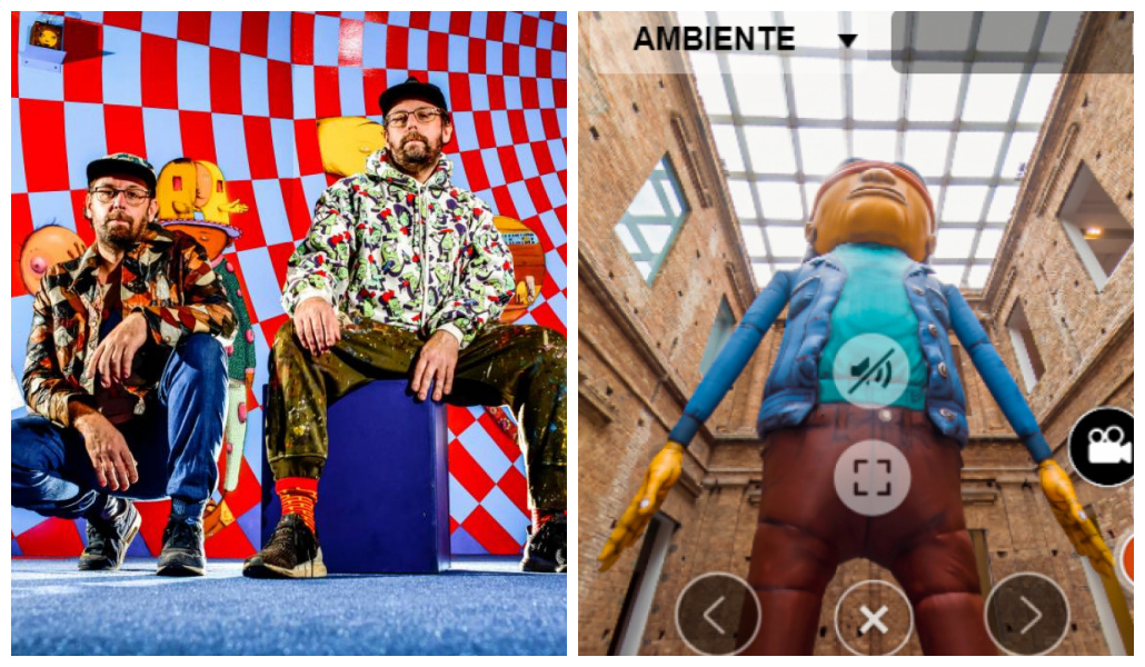 Tela dividida, retrato dos irmãos artistas, chamados OGEMEOS e tela da exposição virtual deles, no centro um boneco gigante.