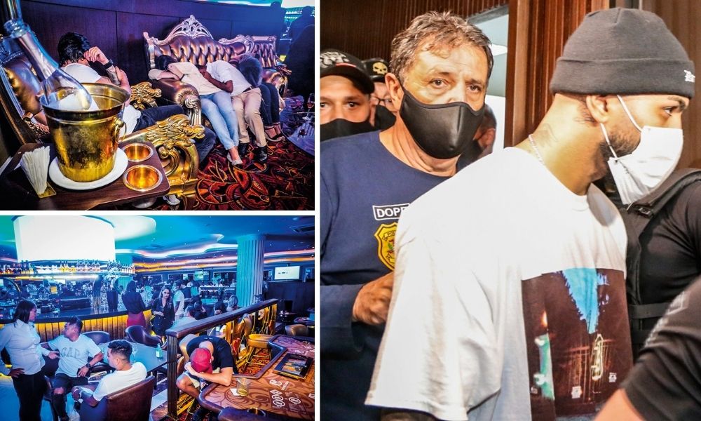 Cassino Gabigol aglomeração Montagem com três fotos do Cassino. Em duas delas, são mesas e sofás em que as pessoas estão escondendo os rostos das câmeras. Na terceira foto, Gabigol, de máscara e seguido por outras pessoas, está na saída do cassino, lugar com uma parede de madeira, e usando toca
