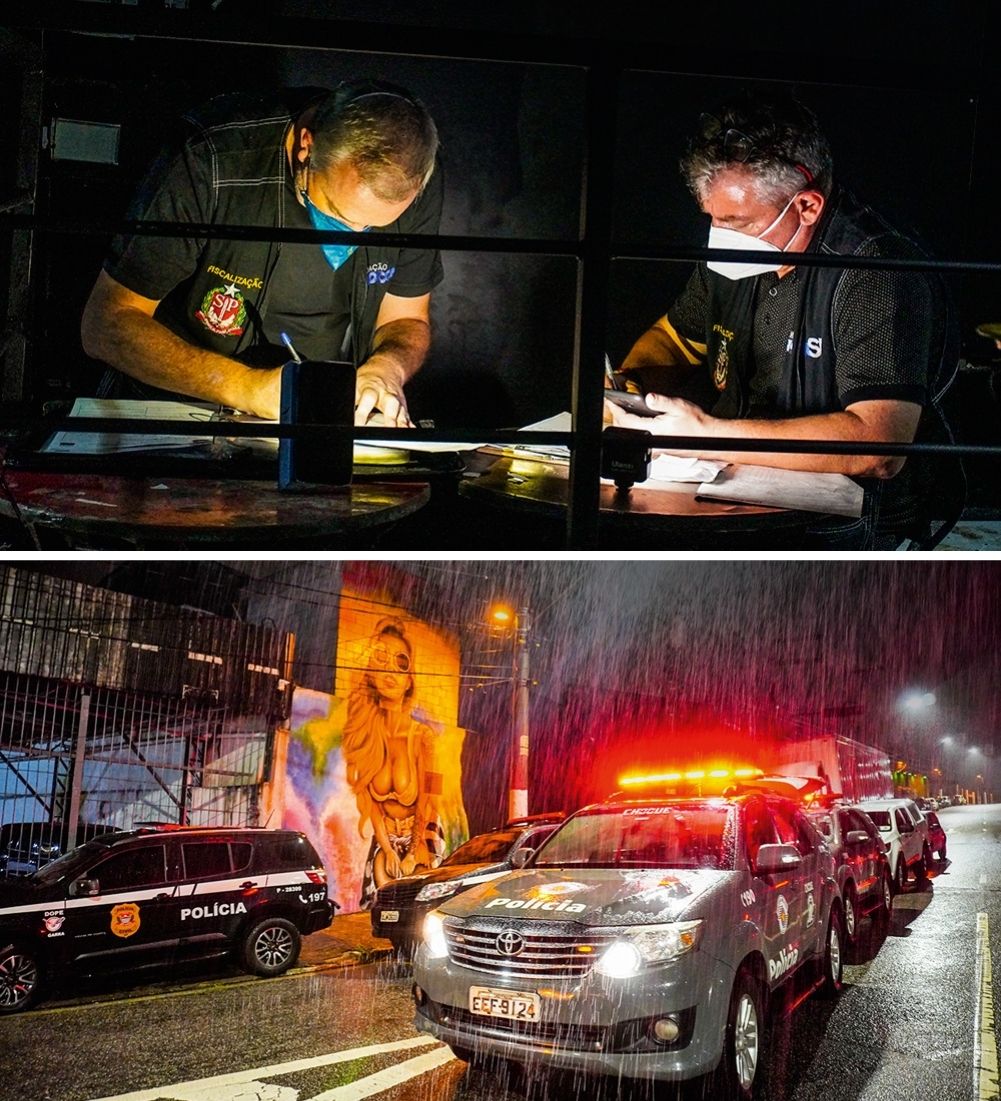 Polícia festas cladestinas Montagem com duas imagens. Na primeira, dois polícias, praticamente no escuro, estão de máscara e anotando algumas coisa em uma série de documentos sobre duas mesas. Na segunda imagem, carros da polícia durante a noite, com a sirene ligada, na rua, durante uma chuva forte.