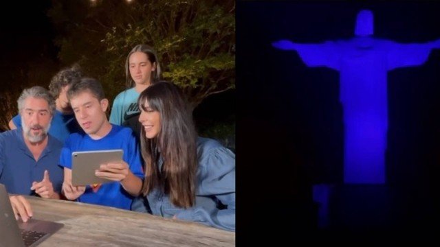Marcos Mion e o filho Romeo iluminam o Cristo no Dia Mundial do Autismo