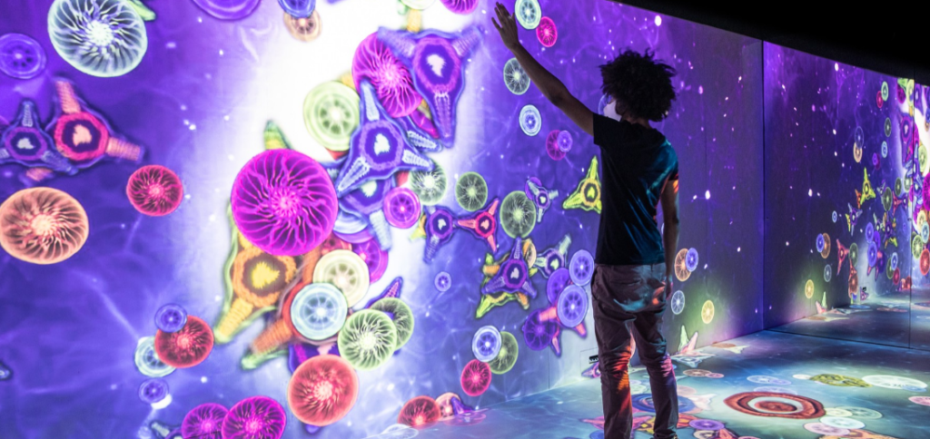 Sala escura, com projeções interativas, pode ser vista no MIS