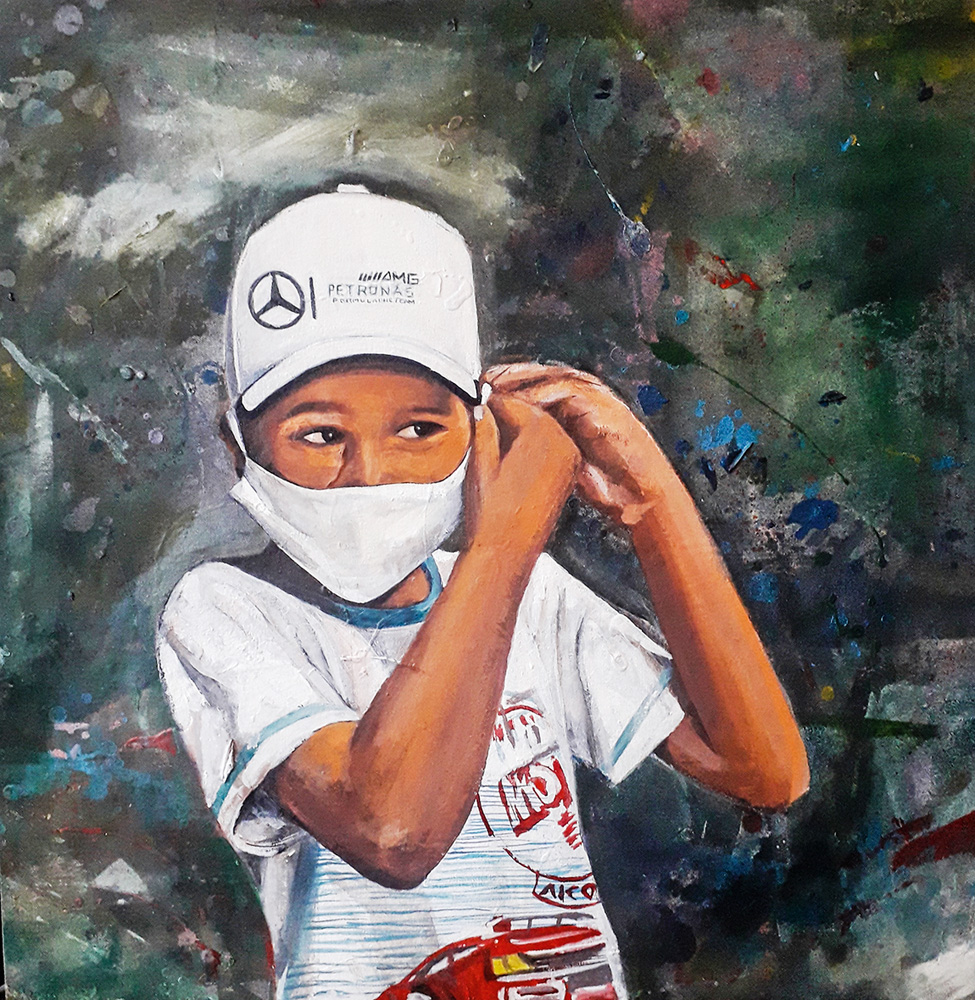 onguer.jpg Pintura em tela de uma criança negra com máscara de proteção da Covid e boné da Mercedes