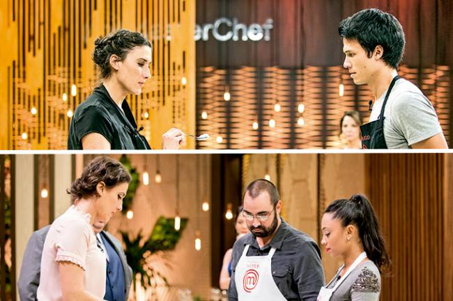 Paola Carosella – MasterChef Duas imagens unidas por linha branca. Na foto superior, Paola Carosella (mulher branca de cabelo castanho preso em coque de blusa preta) à esquerda analisando sorvete de Leo Young (homem asiático de cabelo preto) à esquerda. Na foto inferior, Paola Carosella à esquerda, homem e mulher de avental do MasterChef à direita.