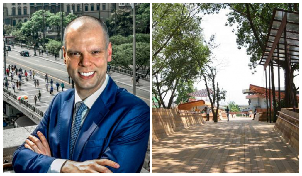 Imagem divida em dois: Bruno Covas e Praça Victor Civita. Antigo prefeito de São Paulo é homenageado, seu nome vai ser dado à centro de inovação na Praça Victor Civita