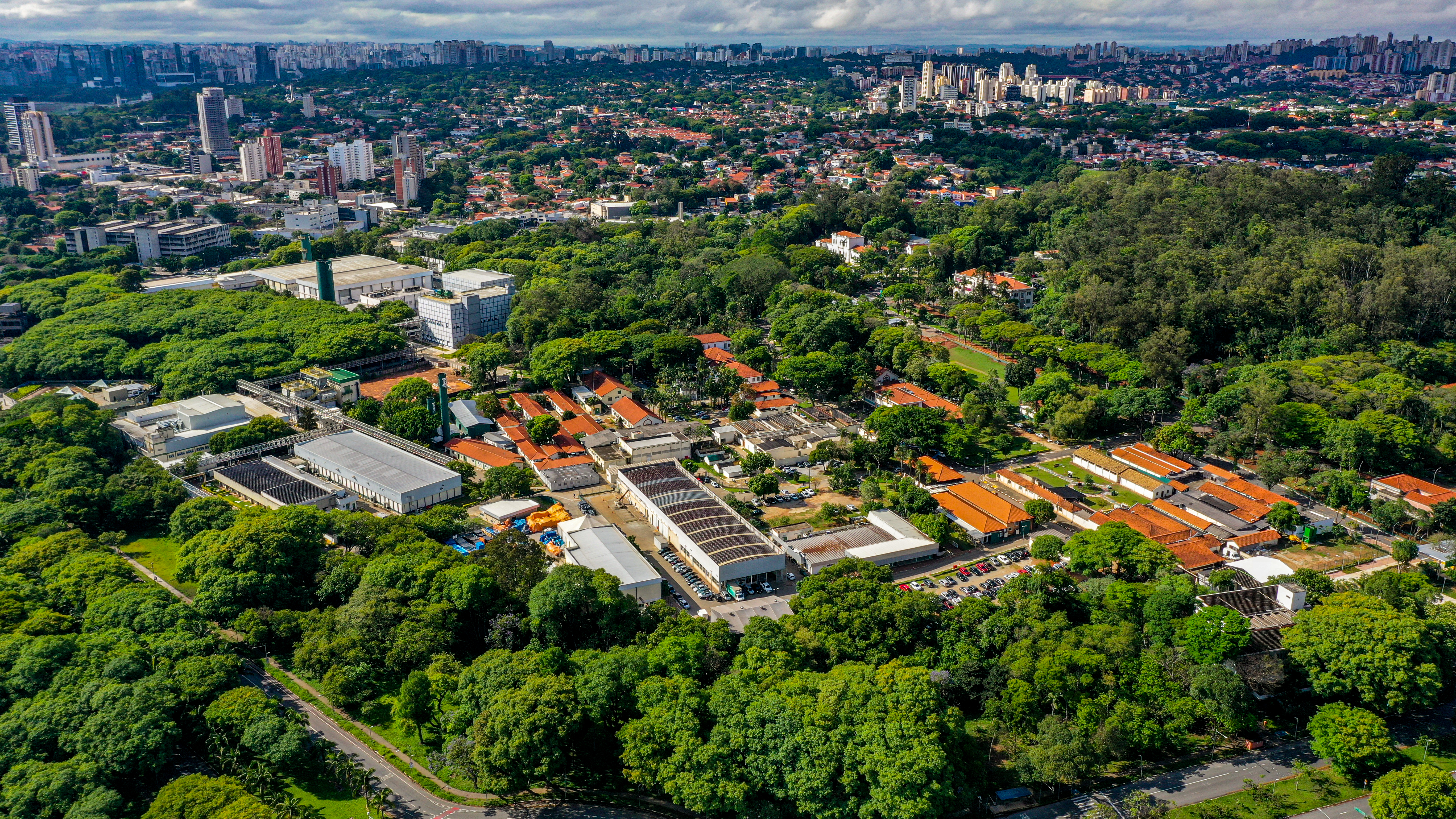 Imagem mostra foto de drone do Instituto Butantan, mostrando edifica&ccedil;&otilde;es ao centro e &aacute;rea verde no entorno