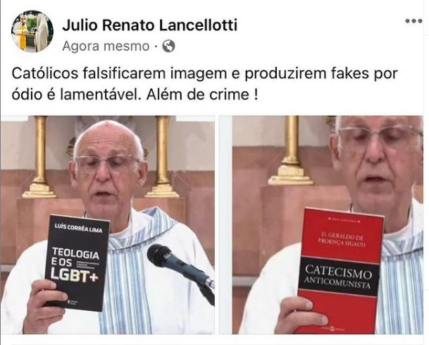 A imagem apresenta uma montagem dividida em duas fotos: &agrave; esquerda, a imagem original postada no perfil do padre J&uacute;lio Lancellotti em que ele recomenda o livro Teologia e os LGBT+ . &Agrave; direita, montagem feita com livro n&atilde;o recomendado pelo religioso, chamado de Catitismo Anti-comunista