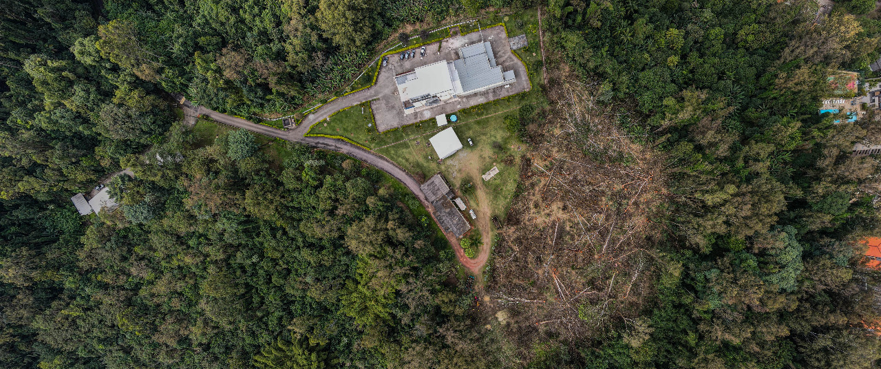 Imagem a&eacute;rea mostra regi&atilde;o coberta de mata, com edifica&ccedil;&atilde;o ao centro e, ao lado, &aacute;rea com &aacute;rvores ca&iacute;das no ch&atilde;o
