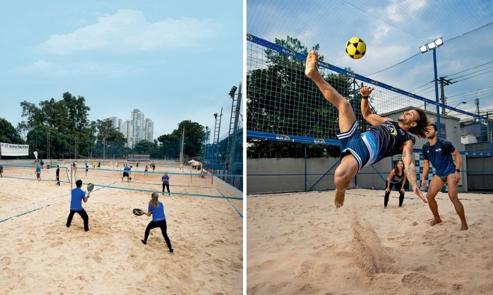 esportes beach tennis futvolei areia capa A imagem mostra uma montagem com duas fotos. À esquerda, uma visão por cima de várias quadras de beach tênis onde há algumas duplas jogando o esporte na areia. À direita, a foto pega o momento em que uma pessoa faz o movimento da bicicleta jogando futevolei, em uma quadra de areia do esporte.