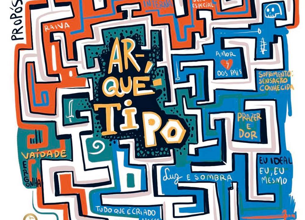 obra de arte arte sobre o jogo da vida, de rodrigo bueno. no centro, está escrito "arquétipo"