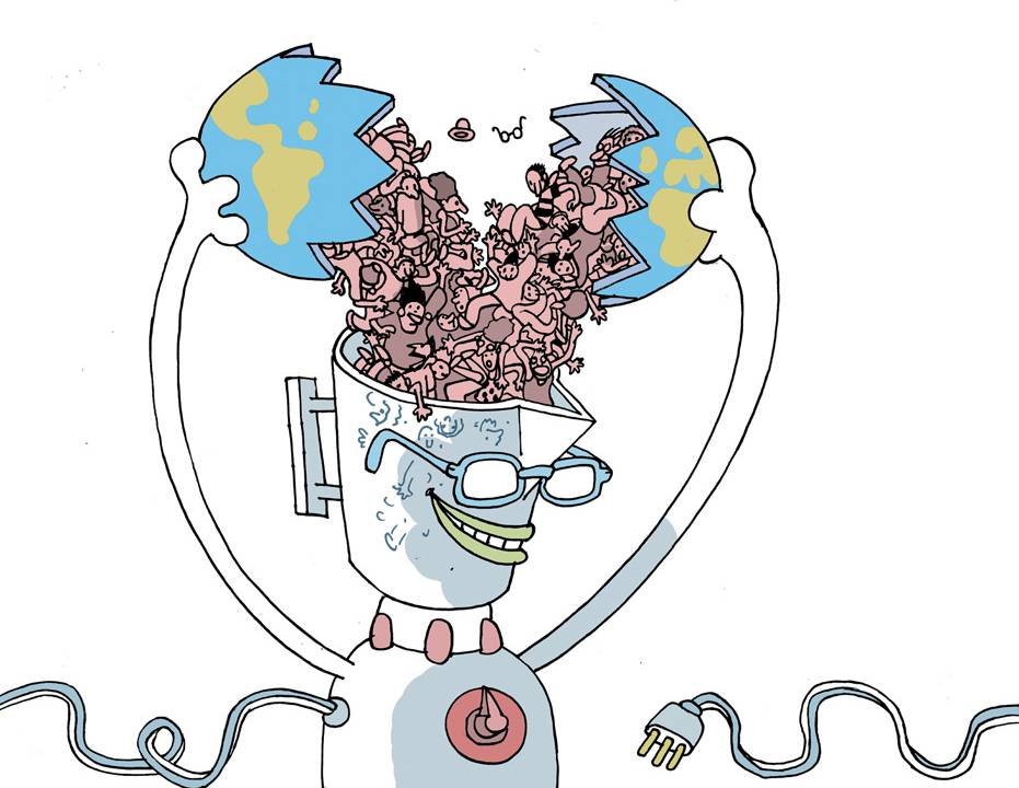 arte da laerte em que o globo terrestre é quebrado por um liquidificador animado e pessoas caem de dentro dele para dentro do pote da máquina