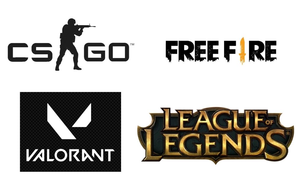 Logos Games Free Fire CSGO LoL Valorant A imagem mostra os logos dos games Couter-Strike: Global Offensive, que é o desenho de um homem apontando o fuzil para direita entre as letras CS e G0, Free Fire e League of Legends, que são apenas o nome dos jogos escritos com letras estilizadas e Valorant, que é o nome do jogo escrito em baixo de um V estilizado.