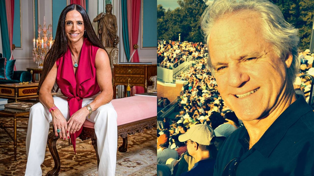 À esquerda, retrato de Luciana Fasano sentada em divã rosa. Veste blusa vermelha e calça branca. À direita, Robert Jenkins sorri com plateia de show ao fundo, em arquibancada.