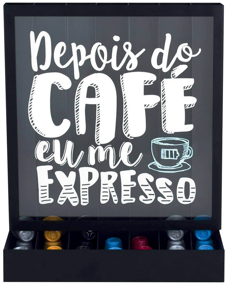 Um porta-cápsulas de caf&eacute; com o escrito 