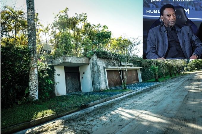 imagem dividida em duas. maior, está a fachada da casa de Pelé no Guarujá, com semblante abandonado e um pouco suja e cheio de mato. menor, está uma foto de pelé, tirada espontaneamente em algum evento que ele participava