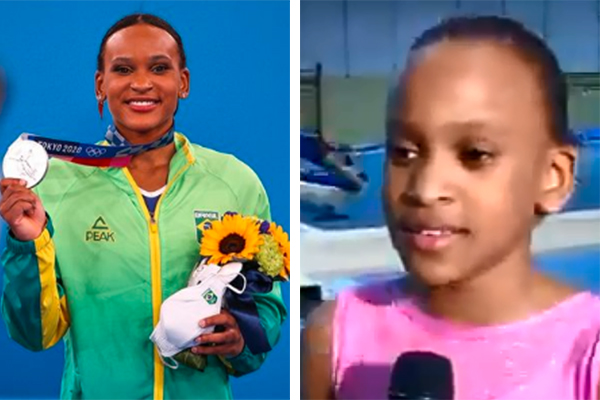 Montagem mostra, à esquerda, Rebeca no pódio olímpico, segurando medalha de prata e buquê de flores; à direita, Rebeca aos 10 anos de idade, usando collant de ginástica artística, enquanto dá entrevista