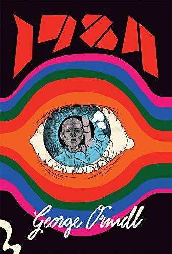 1984 Capa de uma das edições de 1984, de George Orwell. Tem o título, linhas coloridas sob um fundo preto e uma ilustração de um jovem no centro