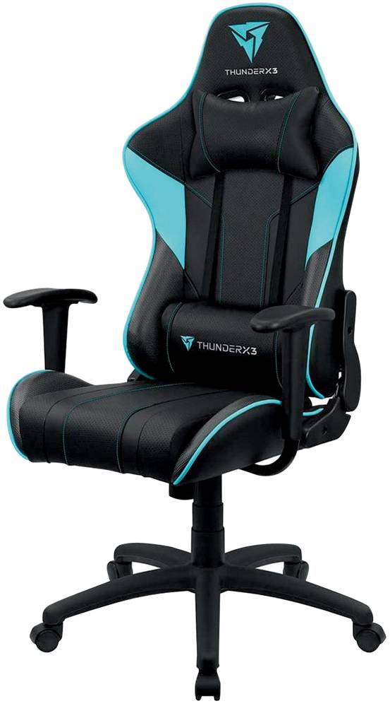 Cadeira gamer.jpg Uma cadeira gamer preta com detalhes em azul claro