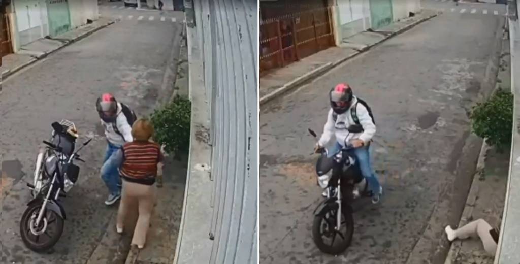 Idosa Assaltada Zona Norte empurrada A montagem mostra dois frames do mesmo vídeo. No primeiro, o assaltante com a mão no peito da senhora. No segundo, a senhora já no chão e o assaltante fugindo sobre sua moto.