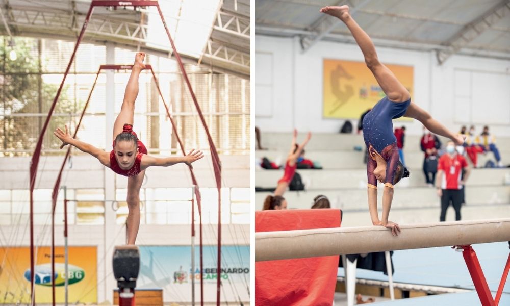 Montagem Ginastica Rebequinhas 1 A imagem mostra uma montagem com duas fotos. À esquerda, uma ginasta jovem se equilibrando com um pé na trave, corpo inclinado e braços e outra perna estendidos. À direita, uma ginasta de ponta cabeça na trave, com as duas mãos sobre o aparelho e os pés estendidos.