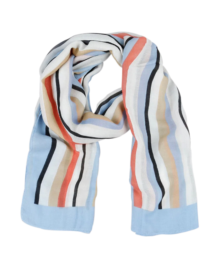 Cachecol meio enrolado listrado nas cores laranja, azul beb&ecirc;, preto e branco