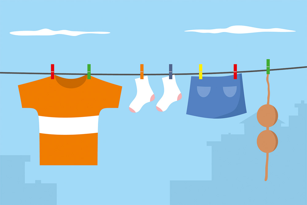 mudança-com-segurança-durante-pandemia-covid-roupas-varal arte de roupas pregadas ao varal com o céu azul ao fundo