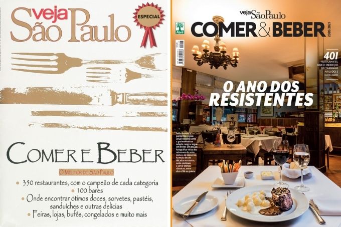 A imagem duas capas do guia anual do COMER E BEBER. &Agrave; esquerda, a capa de 1997, e &agrave; direita, a capa de 2020