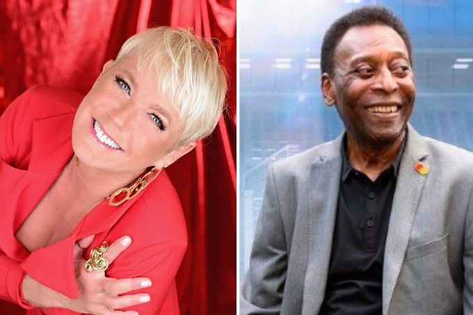A imagem mostra duas fotos. Uma à esquerda, com um retrato do rosto de Xuxa tirado de cima para baixo enquanto ela sorri para a câmera. À direita, o Pelé de terno, sorrindo para o lado.