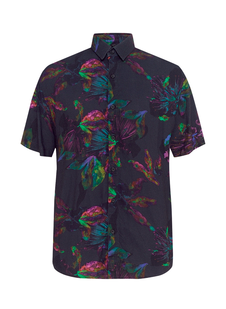 camisa masculina 2.jpg Uma camisa preta. Há, estampados, flores em neon bem de leve