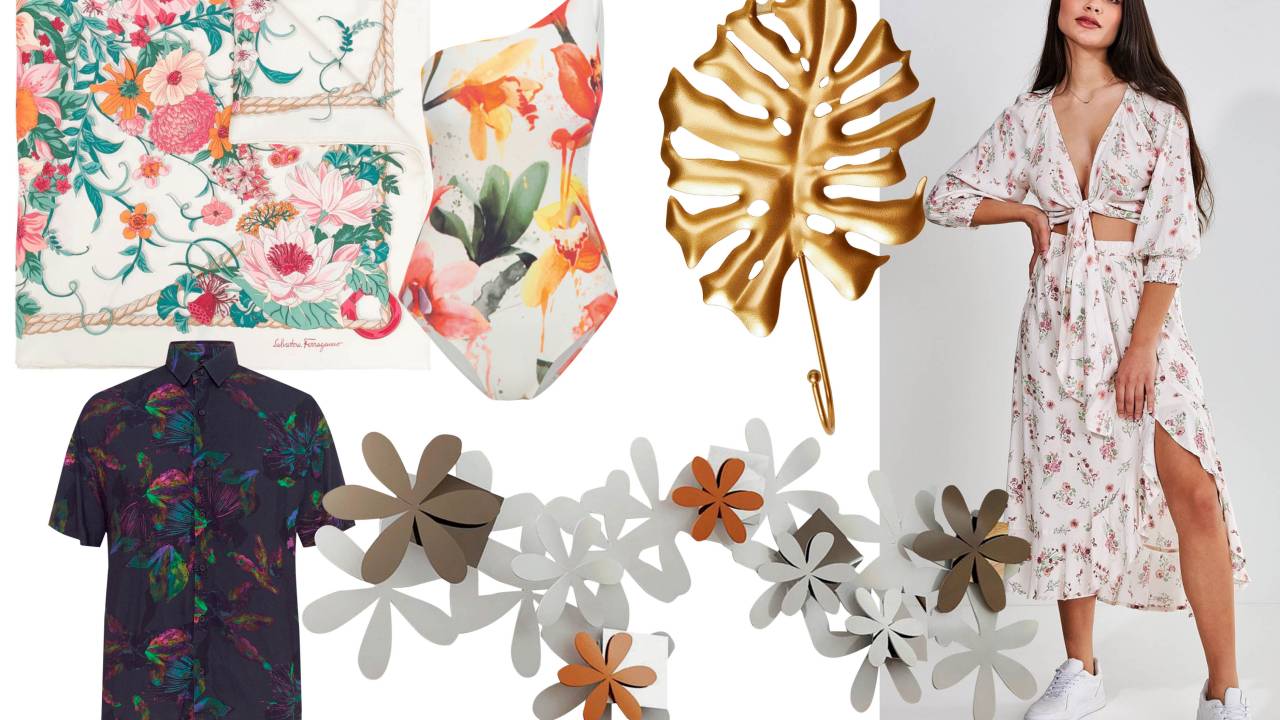 Uma montagem com seis produtos que remetem à primavera: camisa, echarpe, adorno de parede, cabideiro, maiô e camisa com saia