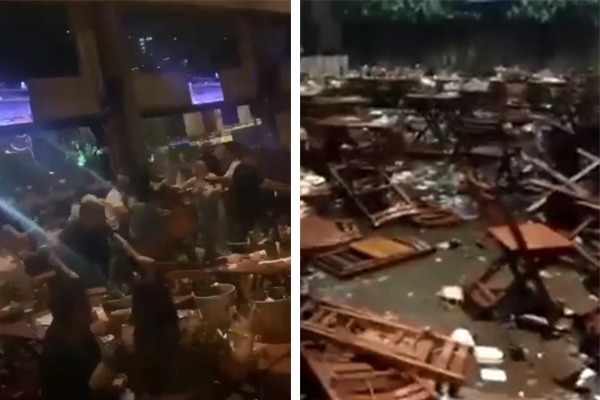 Imagem mostra prints de dois frames de vídeos: o primeiro, diversas pessoas se empurram e arremessam objetos umas contra as outras em meio a cadeiras de bar; o segundo mostra cadeiras de bar no chão, sujeira e itens quebrados