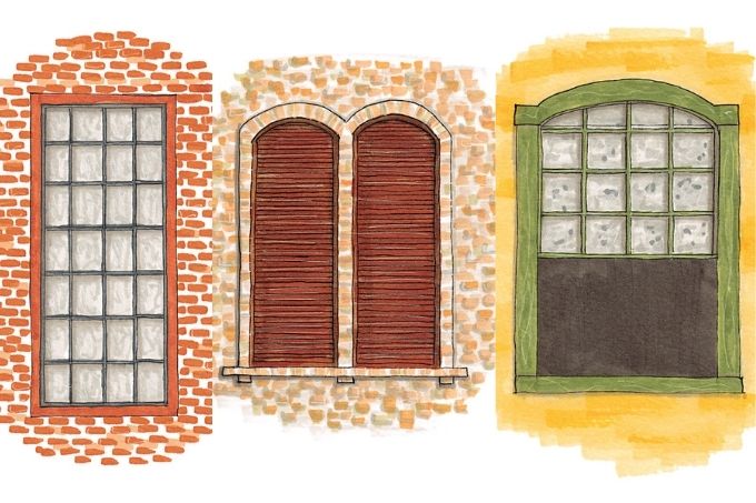 Imagem dividida em três mostrando ilustrações de janelas de patrimônios históricos. Da esquerda para direita, temos as janelas de Casa das Caldeiras, Cinemateca Brasileira e Casa do Regente Feijó