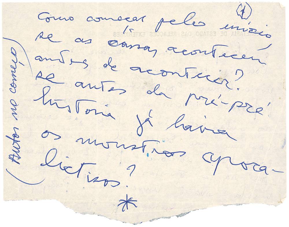 Manuscrito de Clarice Lispector Um papel escrito com caneta: