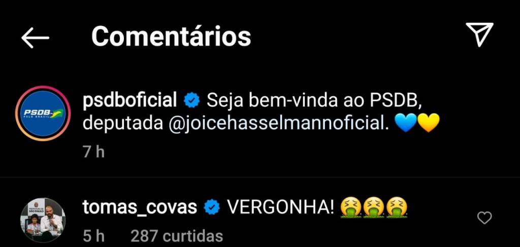 psdd tomás covas Imagem mostra conta do PSDB no Instagram dizendo: