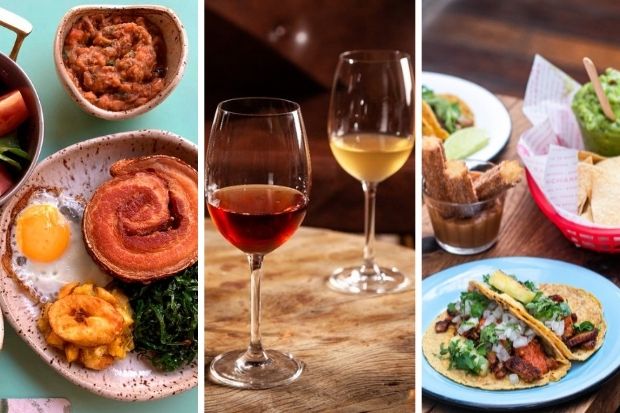 Três imagens unidas por linha branca. À esquerda, virado à paulista, ao centro taças de vinho e, à direita, tacos.