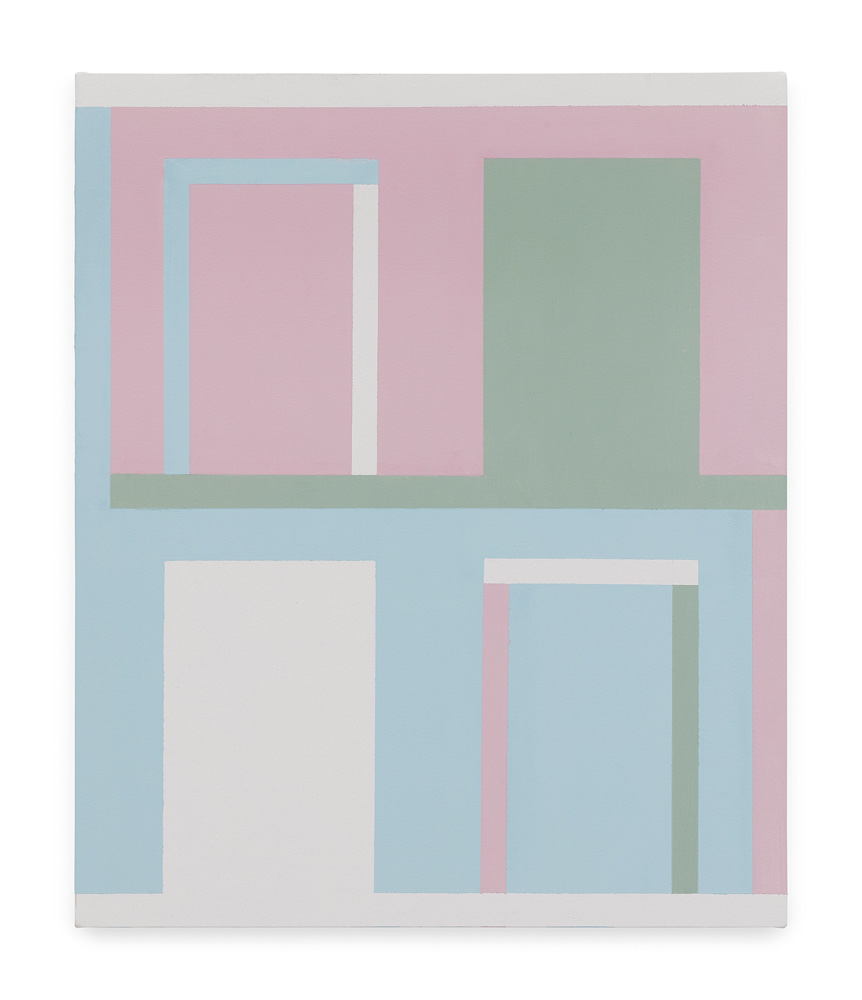 Felipe Berndt Exposição Imagem mostra pintura rosa, verde e azul clara, com quatro desenhos retangulares nos quatro cantos da pintura.