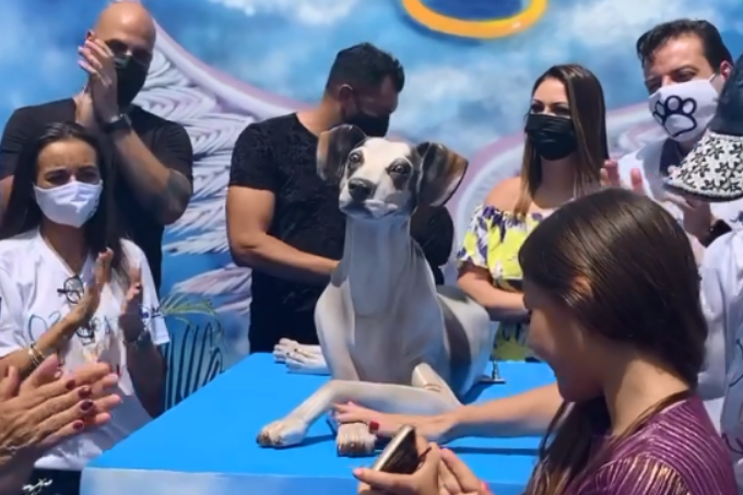 A imagem mostra pessoas reunidas ao redor de uma estátua de cachorro que homenageia Manchinha