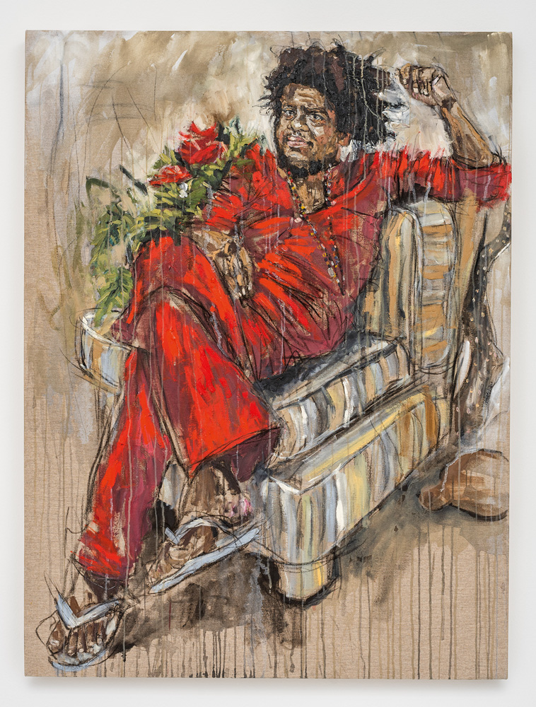 Panmela_Castro-6@EdouardFraipont18102021.jpg Uma pintura mostra o artista Moisés Patrício sentado em uma cadeira. Ele está todo de vermelho, é negro e tem rosas vermelhas por cima dele