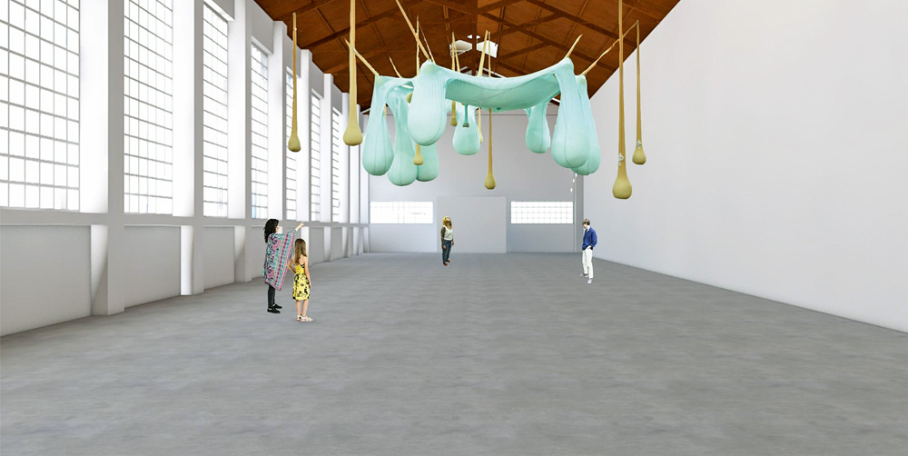 VNgeYGmw.jpeg Imagem mostra projeto 3D de reforma em galpão. No teto estão pendurados diversos tecidos, formando uma espécie de teia.
