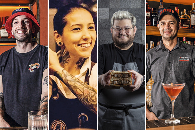 Quatro imagens verticais unidas por linhas finas brancas. Da esquerda para a direita: os bartenders Lula Mascella e Ingrid Shindo, o cozinheiro Thiago Ba&ntilde;ares e o bartender Rogerio Frajola.