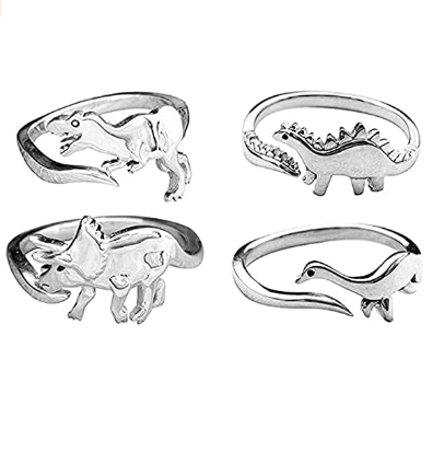 dinossauro Quatro anéis com detalhes de um dinossauro diferente em cada um deles