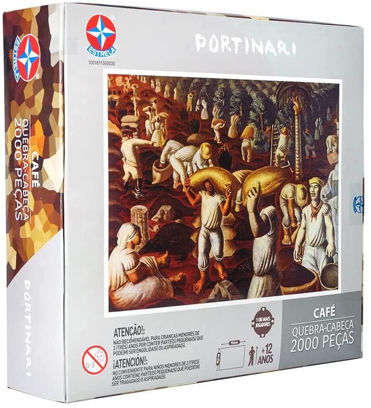 Uma caixa de um quebra-cabe&ccedil;a com uma obra do Portinari. Caixa tem moldura cinza