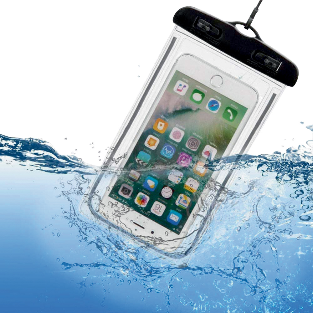 capinha a prova de agua.jpg Foto mostra um celular dentro de uma capinha sendo jogado em água
