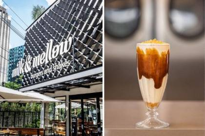 Milk & Mellow - JK Montagem: à direita, a foto de um milk-shake e à esquerda, a fachada da hamburgueria
