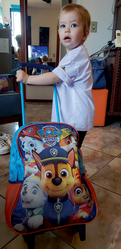 20200127_124502.jpg Uma bebê aparece em pé segurando uma mochila de rodinha temática da Patrulha Canina. Ela usa uma camiseta branca e está na sala de casa.