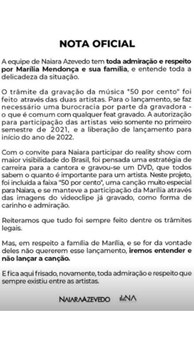 Nota sobre música de Naiara Azevedo e Marília Mendonça